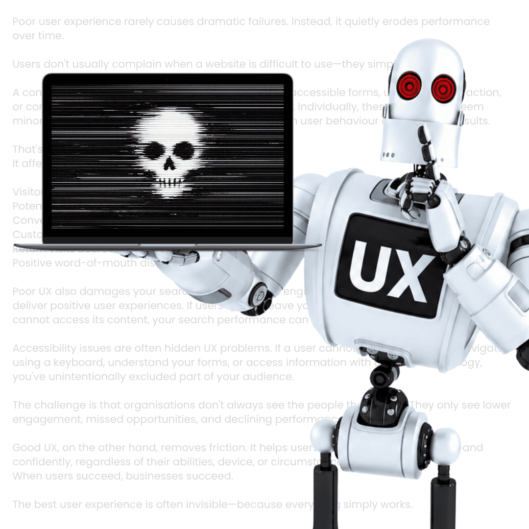 Bad UX robot who is whispering as he kills a website